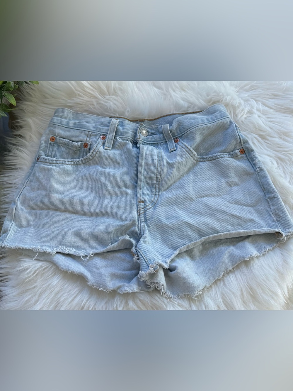 Levi's 501 Light Blue Frayed Hem Denim Shorts